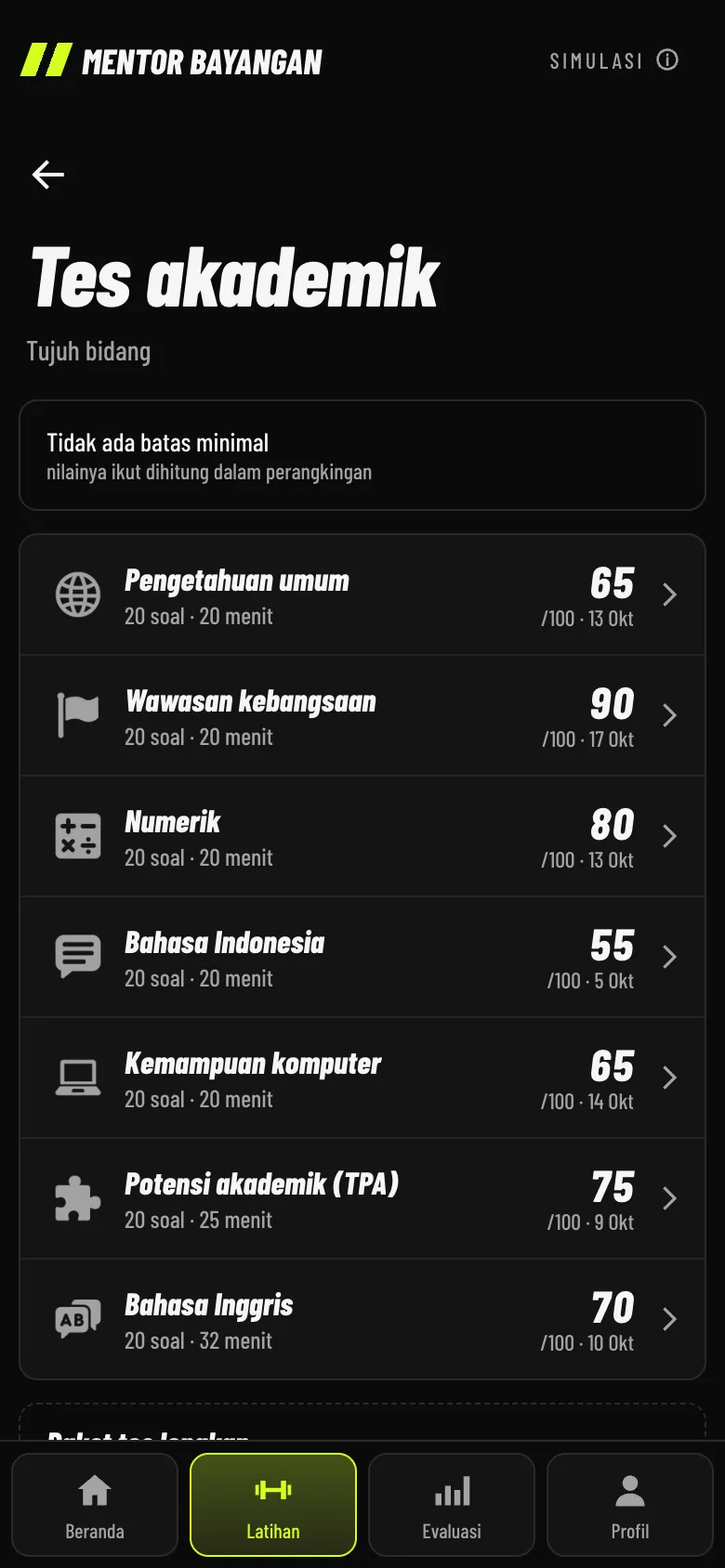 Layar tes akademik dengan nilai tiap bidang
